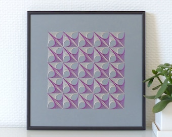 Hand embroidered paper tableau silver magenta crossed threads square patterns.contemporary embroidery.modern decor.textile design.art craft