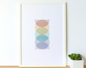 Hand embroidered paper tableau rainbow disks pattern.wall art.contemporary textile design.craft graphic embroidery.modern wall decor