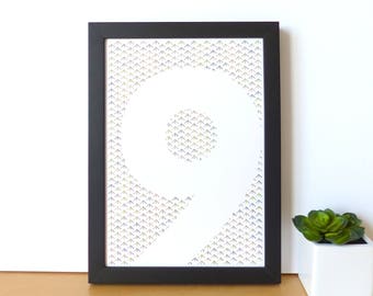 Hand embroidered paper tableau reversed out typography.number 9.scalable custom decor.figure.graphic textile design.modern decorative number