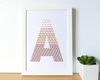 Hand embroidered paper tableau multicolor isometric pattern typography.letter A.custom decor.alphabet.graphic design.decorative letter