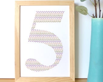 Hand embroidered paper tableau purple terracotta green typography.number 5.personalized decor.figure.graphic.modern decorative letter