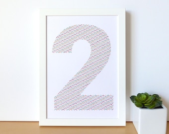 Hand embroidered paper tableau multicolor zigzag.number 2.figure.wall art.personalized decor.decorative number.graphic design.modern decor