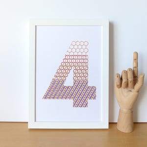 Hand embroidered paper tableau multicolor isometric pattern typography.number 4.personalized decor.figure.graphic design.modern decor.number image 1