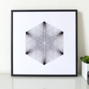 Papel bordado a mano mesa hexagonal cubo patrón 3D hilos cruzados gris negro.deco moderne.design textil gráfico.bordado contemporáneo