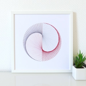 Hand embroidered paper tableau grey and red string art Yin & Yang pattern.contemporary decor.design.graphic textile art.modern embroidery image 1