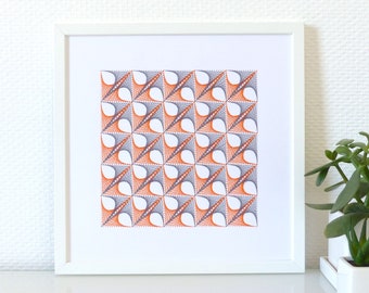 Hand embroidered picture on paper orange grey string art square patterns.contemporary embroidery.modern home decor.textile design.art craft