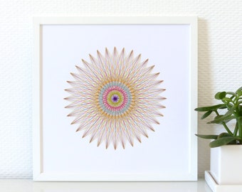 Hand embroidered paper tableau multicolored crossed threads rosette pattern.contemporary decor.graphic textile design.craft embroidery