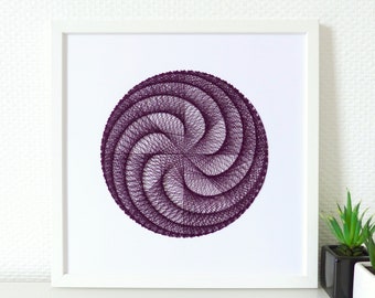 Hand embroidered paper tableau aubergine crossed threads rosette pattern.contemporary embroidery.textile design.graphic art.modern decor