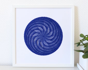 Hand embroidered paper tableau sapphire blue crossed threads rosette pattern.contemporary embroidery.textile design.graphic art.modern decor