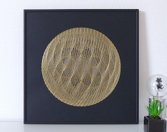 Hand embroidered paper tableau gold 8 petals crossed threads rosette design.contemporary embroidery.interior design.textile design.art craft