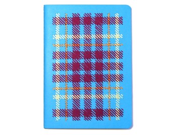 Hand embroidered notebook with green copper burgundy plaid pattern.fashion item.sketchbook.textile design.gift for woman and teen