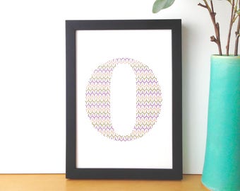 Hand embroidered paper tableau purple terracotta green typography.letter o.personalized decor.alphabet.graphic modern decorative letter