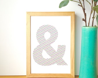 Cartón bordado a mano tipografía multicolor zigzag.ampersand.decoration personnalisée.alphabet.art gráfico.carta decorativa