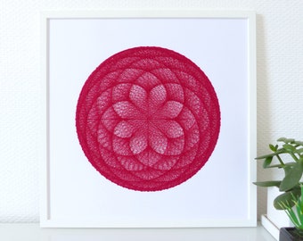 Hand embroidered picture on paper rosette motif crossed threads 8 red petals.contemporary embroidery.modern decor.textile design.art crafts