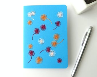 Hand embroidered notebook tricolor graphic flowers pattern-azure blue-writing-sketch-textile design-embroidered stationery-woman teen gift
