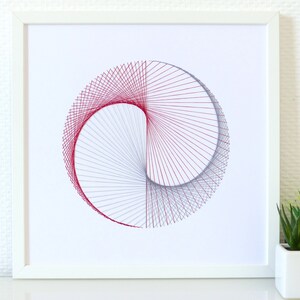 Hand embroidered paper tableau grey and red string art Yin & Yang pattern.contemporary decor.design.graphic textile art.modern embroidery image 5