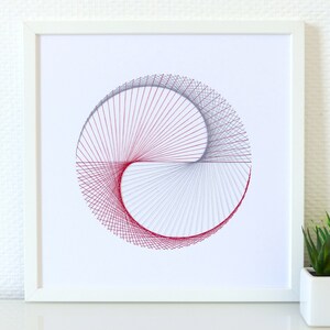 Hand embroidered paper tableau grey and red string art Yin & Yang pattern.contemporary decor.design.graphic textile art.modern embroidery image 4