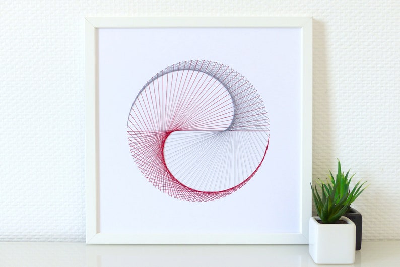 Hand embroidered paper tableau grey and red string art Yin & Yang pattern.contemporary decor.design.graphic textile art.modern embroidery image 4