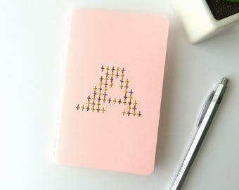 Hand embroidered notebook with shiny red and gold personalized monogram.pastel pink.writing accessory.typography.initial.woman and teen gift