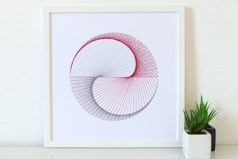 Hand embroidered paper tableau grey and red string art Yin & Yang pattern.contemporary decor.design.graphic textile art.modern embroidery image 6