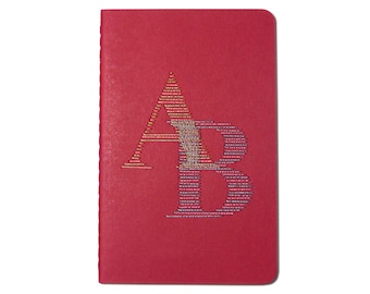 Hand embroidered notebook shiny personalized monogram initials AB.red notebook.notes.writing.typographic design.gift for man woman and teen