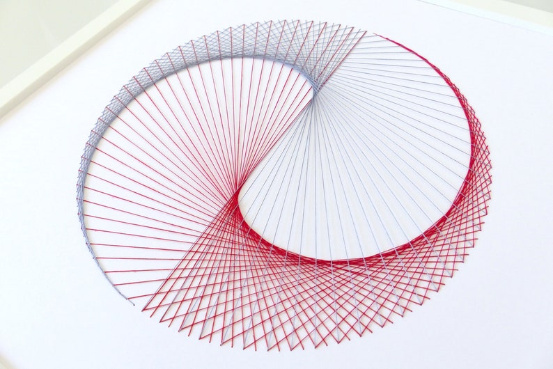 Hand embroidered paper tableau grey and red string art Yin & Yang pattern.contemporary decor.design.graphic textile art.modern embroidery image 9