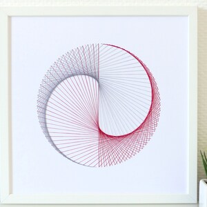 Hand embroidered paper tableau grey and red string art Yin & Yang pattern.contemporary decor.design.graphic textile art.modern embroidery image 3