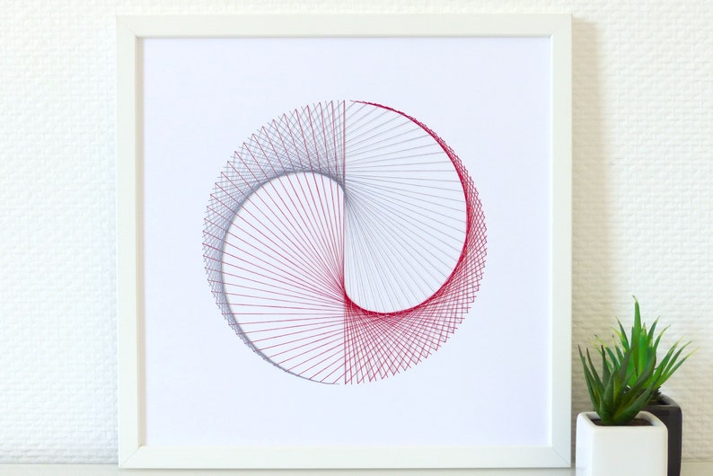 Hand embroidered paper tableau grey and red string art Yin & Yang pattern.contemporary decor.design.graphic textile art.modern embroidery image 3