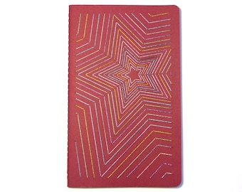 Hand embroidered notebook shiny multicolor stars pattern.red.notes.stationery.writing.A5.graphic textile design.man woman and teen gift