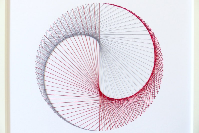 Hand embroidered paper tableau grey and red string art Yin & Yang pattern.contemporary decor.design.graphic textile art.modern embroidery image 7