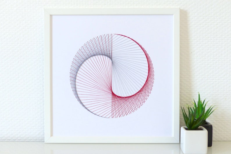 Hand embroidered paper tableau grey and red string art Yin & Yang pattern.contemporary decor.design.graphic textile art.modern embroidery image 2