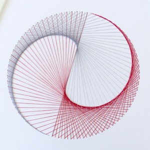 Hand embroidered paper tableau grey and red string art Yin & Yang pattern.contemporary decor.design.graphic textile art.modern embroidery image 8