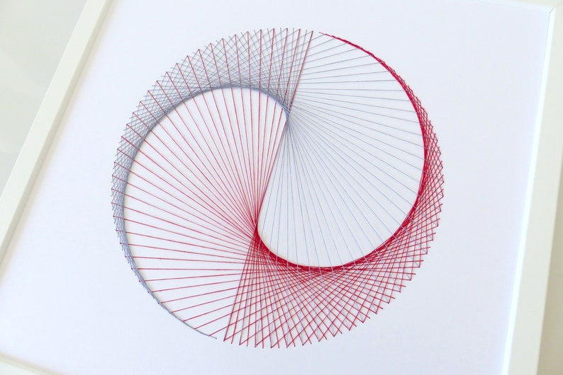 Hand embroidered paper tableau grey and red string art Yin & Yang pattern.contemporary decor.design.graphic textile art.modern embroidery image 8