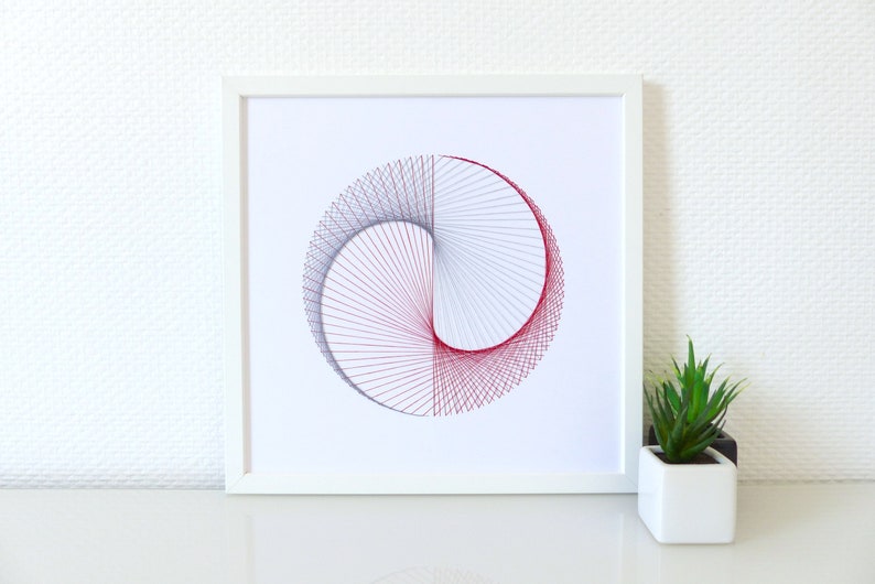 Hand embroidered paper tableau grey and red string art Yin & Yang pattern.contemporary decor.design.graphic textile art.modern embroidery image 1
