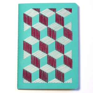 Cuaderno bordado a mano patrón isométrico efecto 3D cubos rosa ciruela pastel.croquis.design gráfico textile.contemporary.gift hombre mujer adolescente