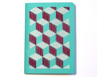 Hand embroidered notebook isometric pattern 3D effect pastel pink plum cubes.sketch.graphic textile design.contemporary.gift man woman teen