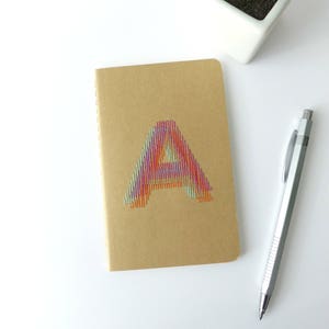 Tricolor hand embroidered monogram notebook initial A.writing accessory.notes.typography.graphic design.gift for man woman and teen image 2