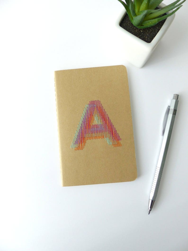 Tricolor hand embroidered monogram notebook initial A.writing accessory.notes.typography.graphic design.gift for man woman and teen image 2