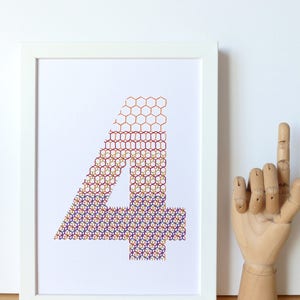 Hand embroidered paper tableau multicolor isometric pattern typography.number 4.personalized decor.figure.graphic design.modern decor.number image 2