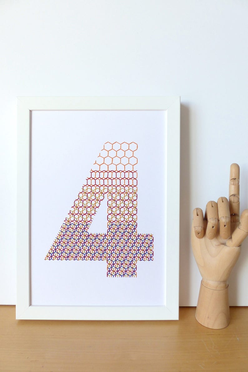 Hand embroidered paper tableau multicolor isometric pattern typography.number 4.personalized decor.figure.graphic design.modern decor.number image 2