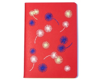 Hand embroidered notebook tricolor graphic flowers pattern.red booklet.writing.sketch.textile design.embroidered stationery.woman teen gift