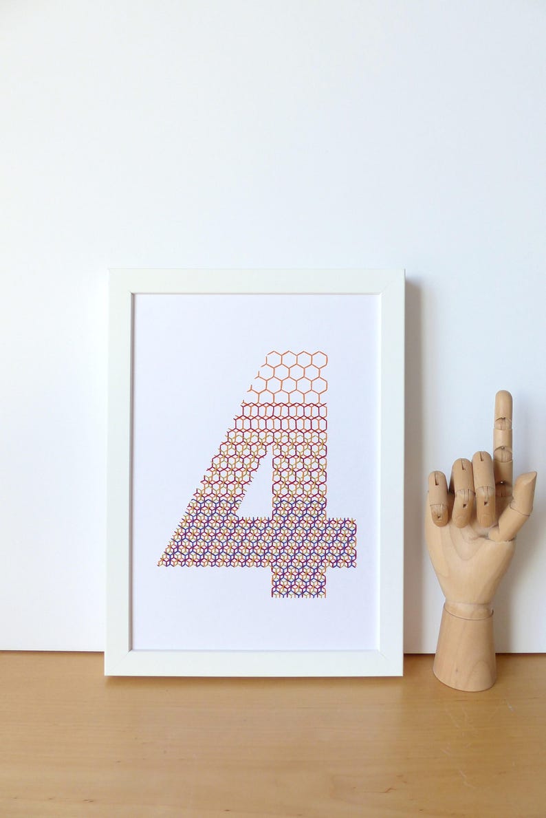 Hand embroidered paper tableau multicolor isometric pattern typography.number 4.personalized decor.figure.graphic design.modern decor.number image 1