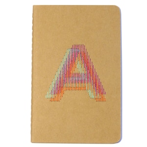 Tricolor hand embroidered monogram notebook initial A.writing accessory.notes.typography.graphic design.gift for man woman and teen image 1