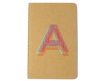 Tricolor hand embroidered monogram notebook initial A.writing accessory.notes.typography.graphic design.gift for man woman and teen