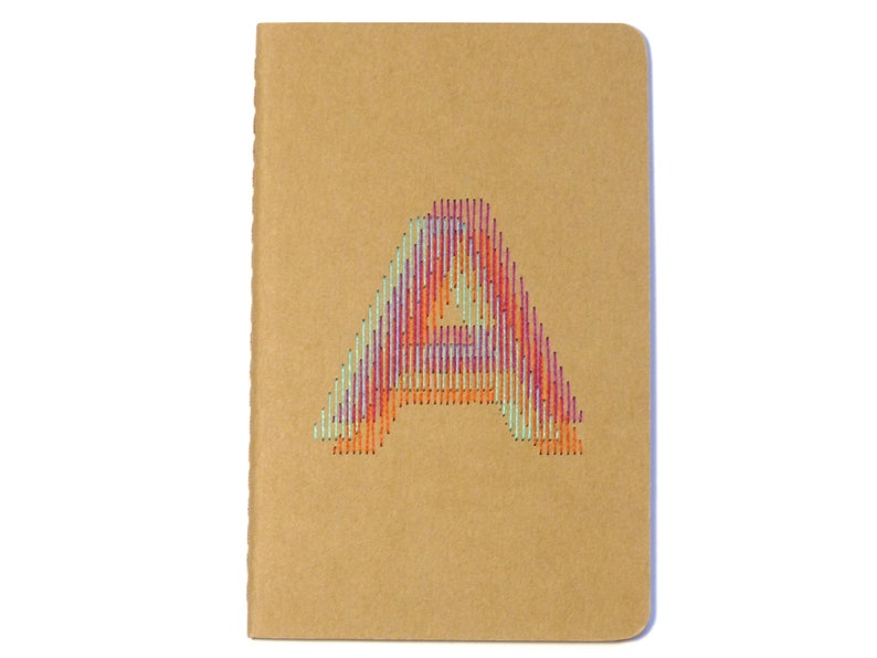 Tricolor hand embroidered monogram notebook initial A.writing accessory.notes.typography.graphic design.gift for man woman and teen image 1