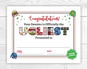 ugly sweater awards etsy ugly christmas sweater award certificate