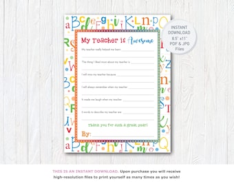 All About My Teacher Printable: End of School Year, Teacher Appreciation, Instant Download, Digital PDF & JPG