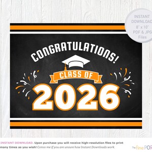 Graduation Sign - Congratulations Class of 2026 - Orange - Digital Instant Download