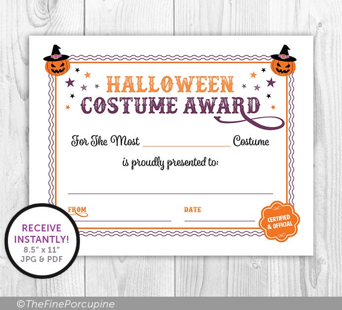 Certificate Best Halloween Costume Award Halloween Party
