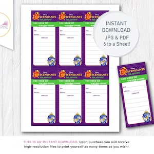 Könnte beinhalten: Druckbare Geschenk-Anhänger zum Thema Descendants. Die Anhänger haben einen lila Holzmaserung-Hintergrund mit dem Text "Descendants The Musical" und "You Were So Wicked Good!". Enthält Platz für "An", "Von" und eine Nachricht.